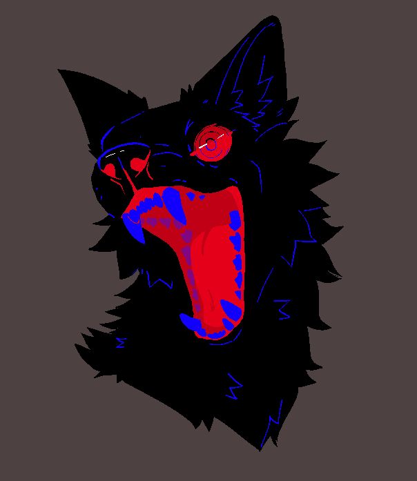 An illustration of the head of a black dog, the details of its fur and teeth are rendered in bright blue, and its eyes and mouth are rendered in red. Its jaws are open wide in a snarling grin.