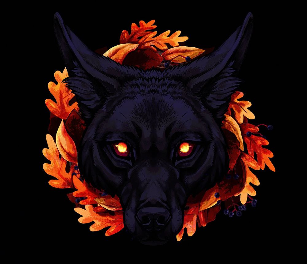 Illustration of a black dog with red eyes and a wreath of orange oak leaves around its head.
