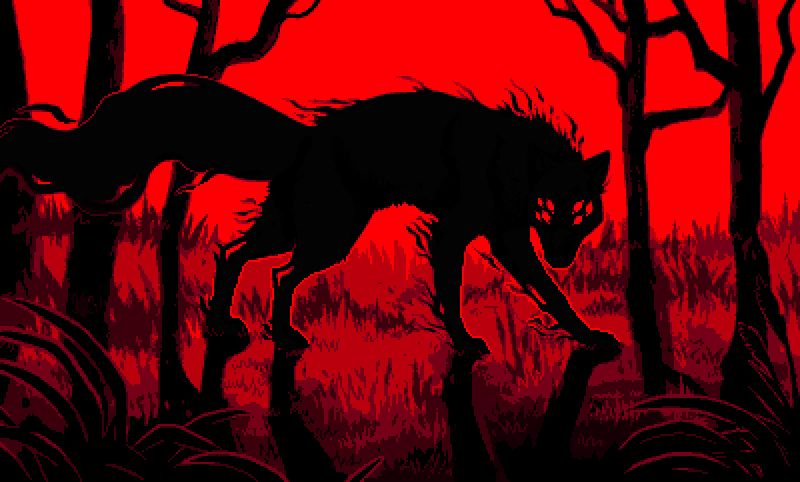 Illustration of a black amorphous canine with multiple eyes standing with its head turned to the camera. Its fur and tail flow like wisps of smoke. The background is a forest, awash in red lighting.