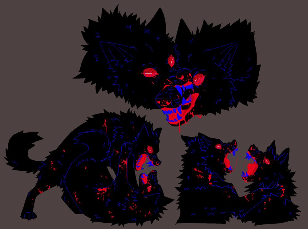 An illustration of three pairs of black dogs, the details of their fur and teeth are rendered in bright blue, and their eyes and mouths are rendered in red. The top pair depics a dog biting another dog's muzzle. The bottom left pair depicts a dog rolling another dog onto the ground as they both bare their teeth at eachother. The final pair depicts two dogs sparring, their forepaws on the others' shoulders.