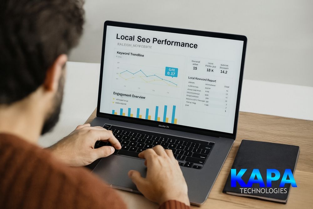 A professional reviewing local SEO performance charts on a laptop, analyzing keyword trends and engagement metrics for a Raleigh, NC business. A blue-gradient KAPA TECHNOLOGIES logo appears in the bottom-right corner, emphasizing digital marketing and analytics expertise.