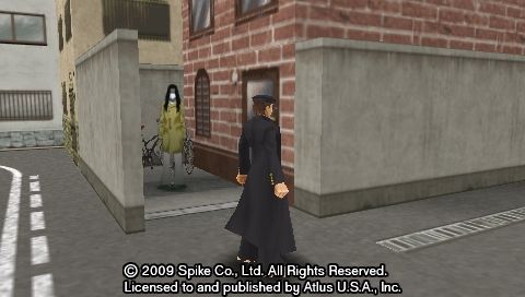 Picture of the 2009 localized release of the 2008 PSP (Playstation Portable) game: Kenka Bancho 3 Zenkoku Seiha (National Conquest), renamed "Badass Rubmle". The Playable character (the young man dressed in all black in the middle) is standing in the Arashiyama location of the open world next to an Alley in which the Kuchisake-onna (The Slit-Mouthed Woman) from Japanese folklore stands. She can't hurt the player (probably) and only appears at certain, late times within the games 3 days. On the lower quadrant of the Picture is Copyright information printed, a result of the games built in screenshot function.