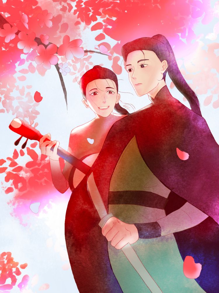 Illustration of a smiling bard and stern hunter standing underneath pink blossoms.