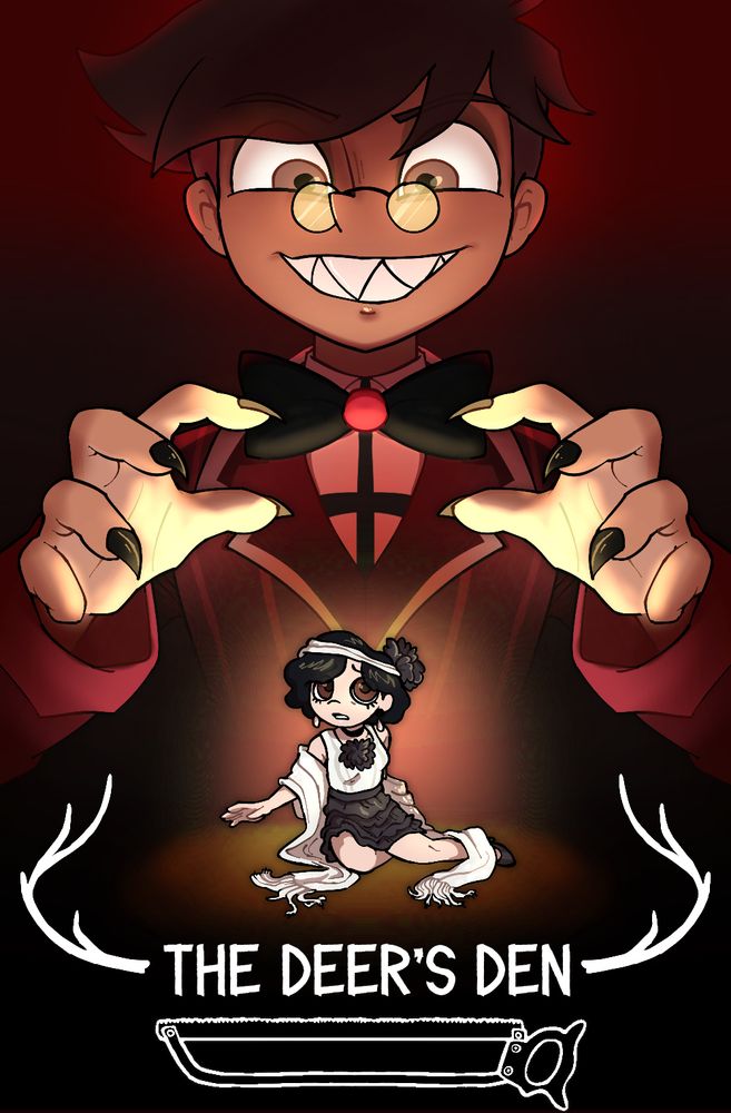 A human Alastor (an older design) towers over a small lady named Roxie with black hair, a white shirt, black skirt, and white shawl. The text, "The Deer's Den" bordered by white antlers sits on top of a bonesaw. The background has eerie red and black lighting. 