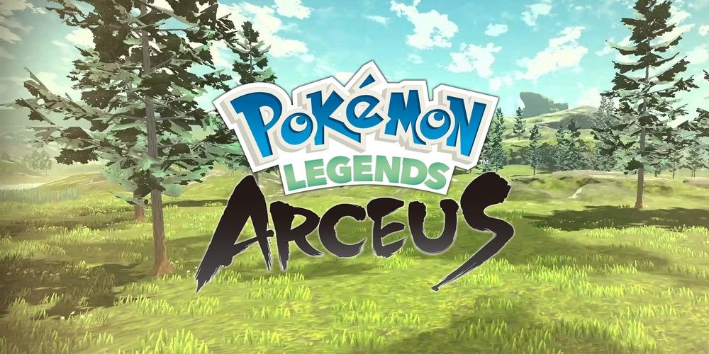 The logo of the game Pokemon Legends Arceus over an image of the first area of the game, the Obsidian Fieldlands.