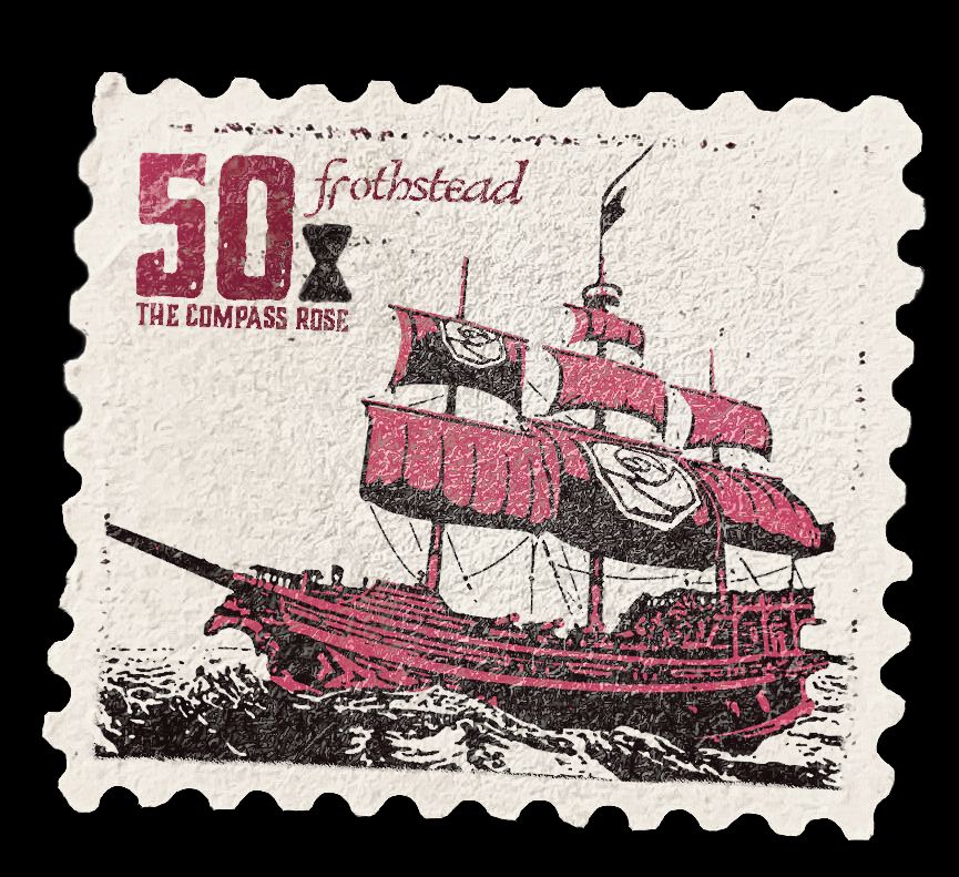 50 gold stamp representing the Compass Rose ship, the pride of Frothstead.