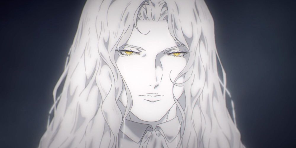 Alucard da série animada Castlevania, no seu design na série Nocturne. Ele é um meio vampiro andrógino com olhos amarelos, pele extremamente pálida e longos cabelos brancos.