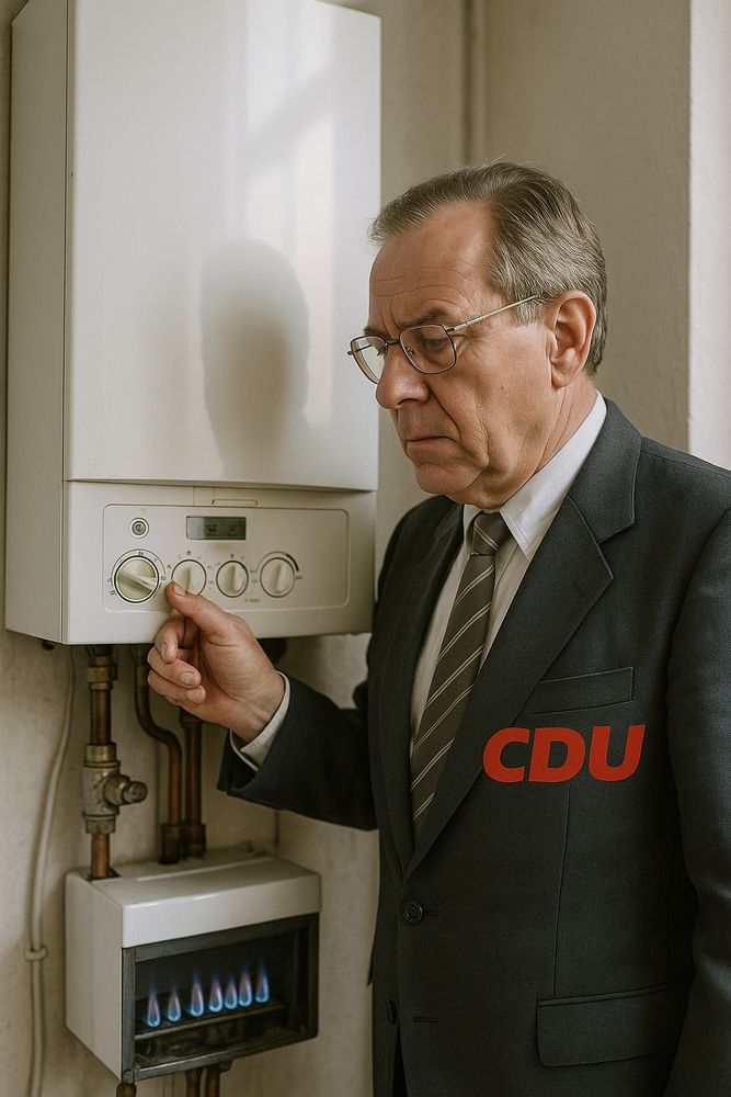Ein etwa 60-jähriger Mann in einem grauen Anzug mit der deutlich sichtbaren Aufschrift ‚CDU‘ am Revers steht in einem Innenraum vor einer Gasheizung. Er wirkt konzentriert, als ob er an der Anlage arbeitet. Die Szene ist satirisch inszeniert und spielt auf politische Nähe zu fossilen Energien an.