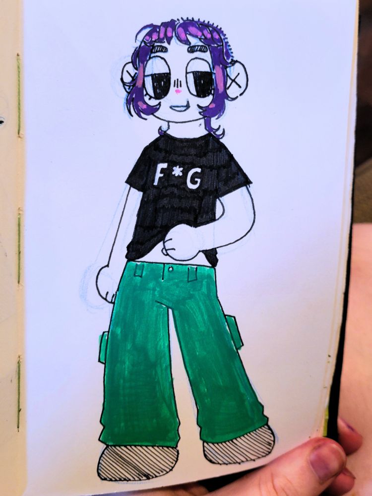 a colored pen drawing of sage's wife, in a chibi style. she has curly bangs/side tails/ back of her head, and you can see the majority of the back of her head is shaved. her hair is colored in pinky purple. she's wearing a black tshirt that says 'F*G' in white letters, green cargo pants, and black shoes. she is holding up the bottom of her shirt with one hand to expose her navel. the hands and feet of this characters are circular with the hands having two little lines to indicate fingers. the drawing style is simple.