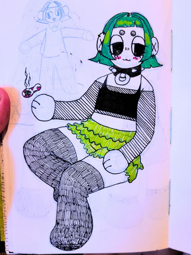 a colored pen drawing of sage, in a chibi style. sage has cropped hair and little circle eyebrows. they're wearing thigh high socks, green ruffly bloomers, a black cropped tank top, a sheer long sleeve crop top, and a bulky spiked collar with an o-ring. hovering over its hand is a spoon pipe covered in hearts, and smoking.  the hands and feet of this characters are circular with the hands having two little lines to indicate fingers. the drawing style is simple.
