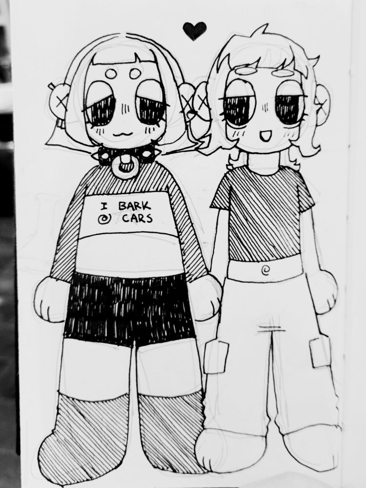 a black and white pen drawing of sage and its wife, in a chibi style. sage has cropped hair and little circle eyebrows. they're wearing long socks, high waisted black shorts, a crop top that says 'i bark @ cars', and even shorter cropped long sleeve shirt, and a bulky spiked collar with an o-ring. sage's wife has longer, curlier side tails and back of her hair. she is wearing a plain cropped t-shirt to show off a little swirl belly button, cargo pants, and bare feet. the hands and feet of both characters are circular with two little lines to indicate fingers/toes. the drawing style is simple.