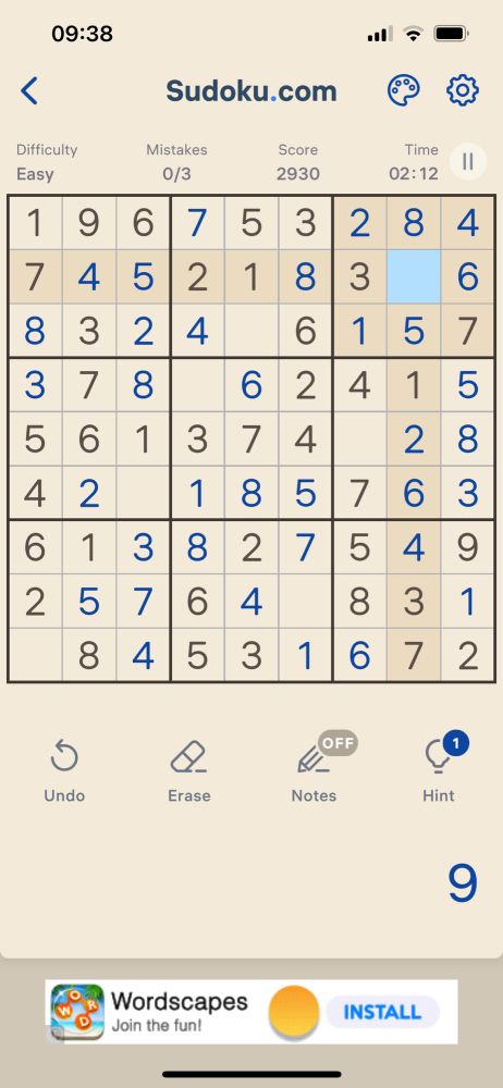 A sudoku board with only 9s left to put in