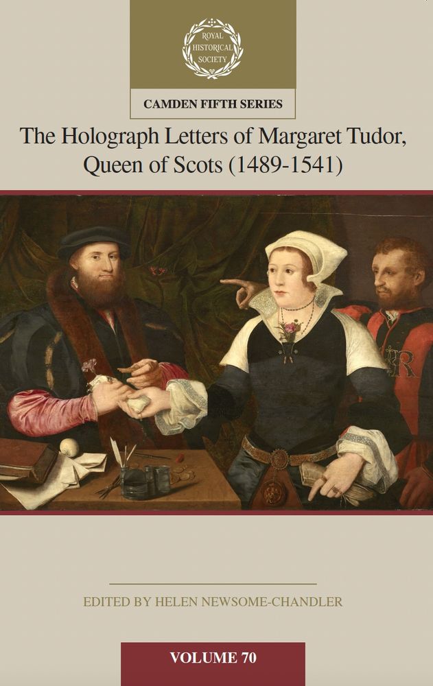 A picture of the book cover of 'The Holograph Letters of Margaret Tudor, Queen of Scots (1489-1541)'. The cover features a 16th-century portrait with three figures, one of whom is Margaret Tudor.