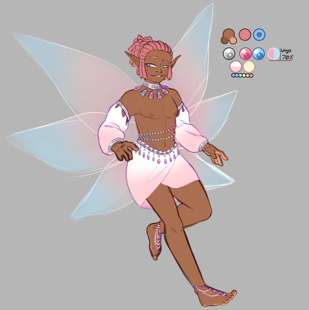 A cleaned up sketch of a humanoid fairy character with flat color. 