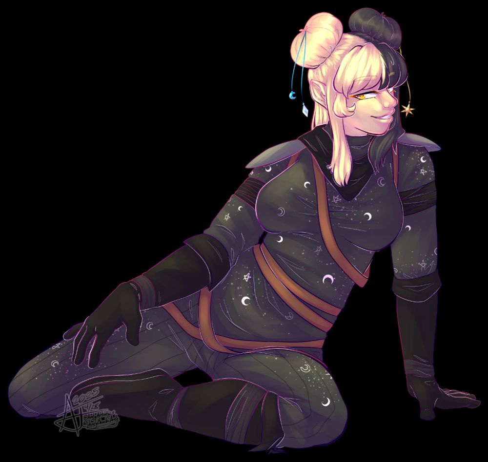 A drawing of a character, their hair is blond and black split down the middle, they wear clothes in various shades of dark grey and black, sprinkled with small white dots as well as stars and moons.