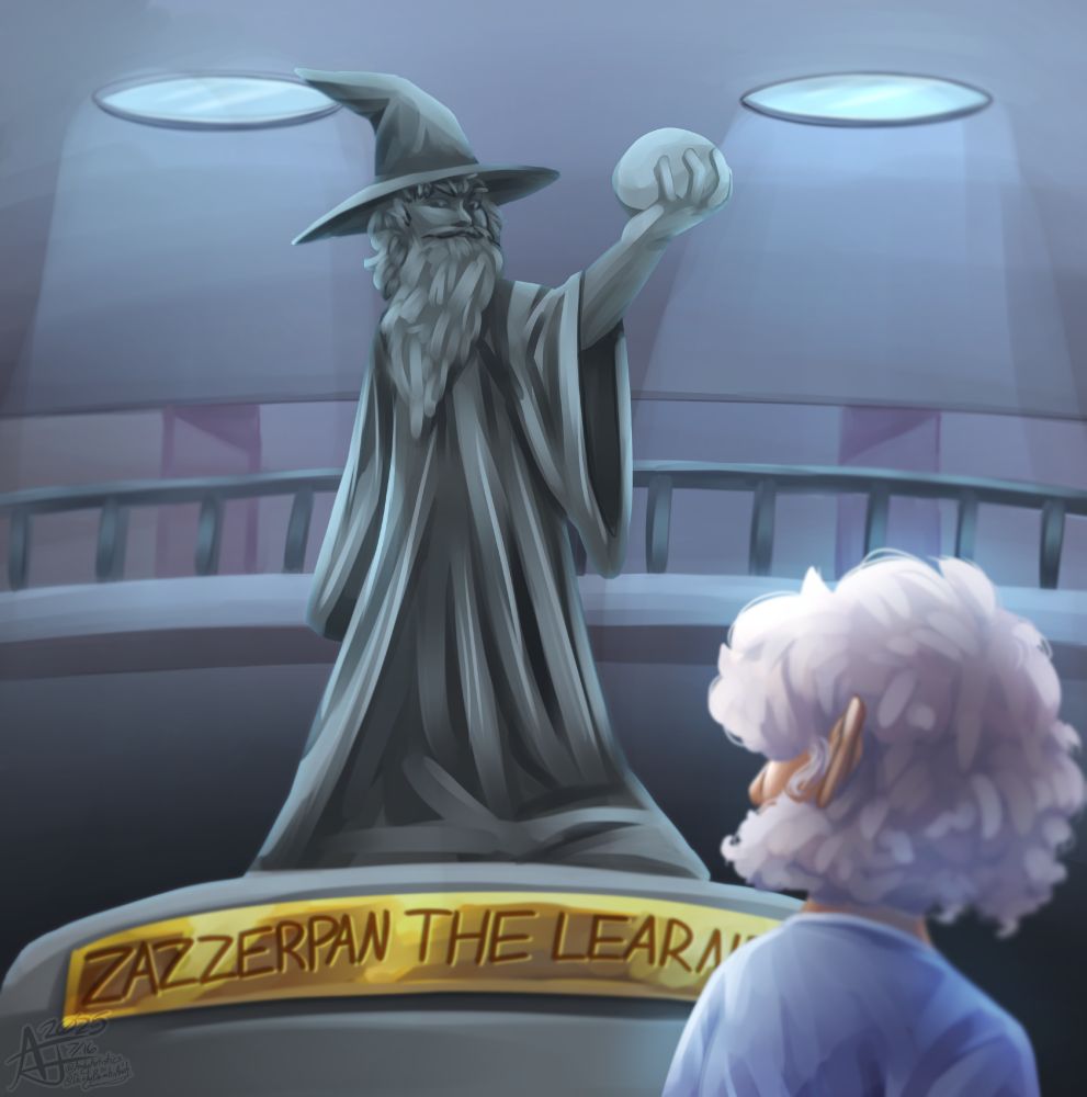 A painting of a wizard statue with a golden plaque that reads 'Zazzerpan The Learned'
There is a light haired character in the foreground observing the statue.