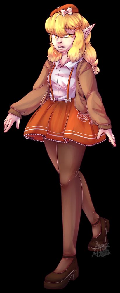 A drawing of a seemingly vampire character. They are wearing various shades of brown, orange and white clothing.