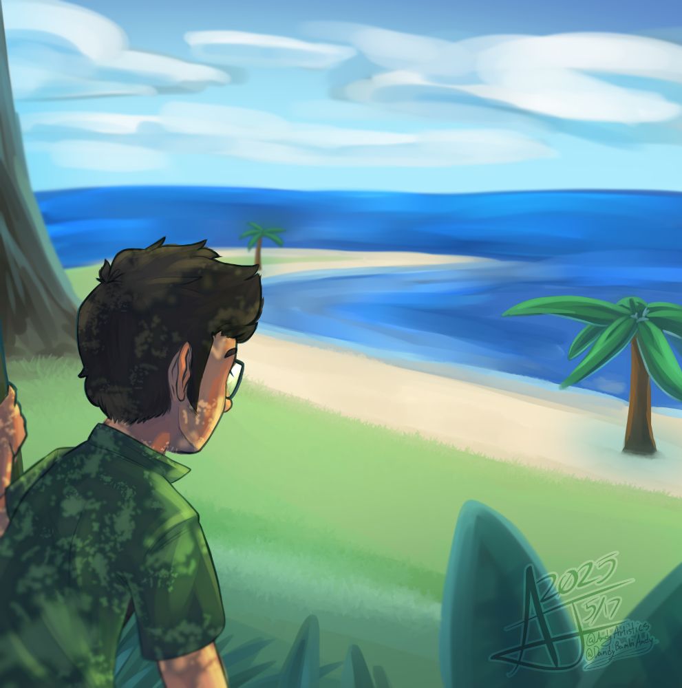 A rough painting of Jake English, from the web comic Homestuck, looking out to a distant sea shore.