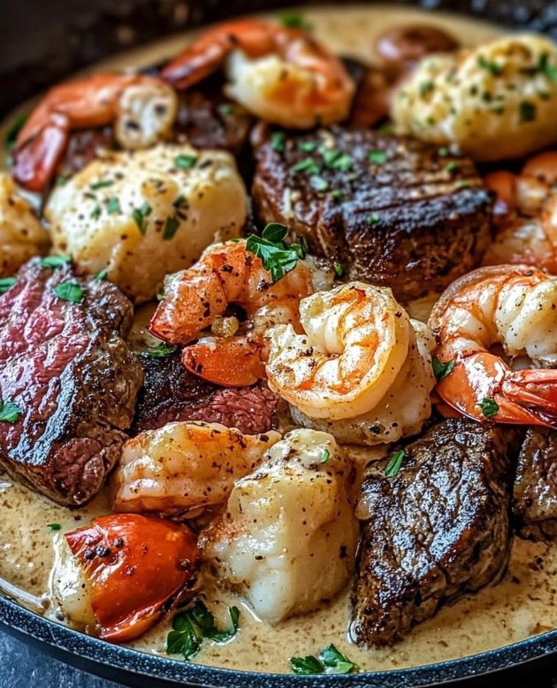 Steak and Seafood Skillet with Garlic Parmesan Cream Sauce 🍤🧄
A rich and luxurious surf-and-turf delight for special occasions or indulgent weeknight dinners!

Ingredients:

For the protein:

300g beef tenderloin or sirloin, cut into bite-sized pieces
300g large shrimp, peeled and deveined
2 tbsp olive oil
Salt and pepper, to taste
For the garlic Parmesan cream sauce:

2 tbsp unsalted butter
3 cloves garlic, minced
1 cup heavy cream
1/2 cup grated Parmesan cheese
1/2 tsp Italian seasoning
Salt and pepper, to taste
1 tbsp chopped parsley (for garnish)
Instructions:
1️⃣ Cook the steak:

Heat 1 tbsp olive oil in a large skillet over medium-high heat. Season the steak pieces with salt and pepper.
Sear the steak on each side for about 2-3 minutes until browned and medium-rare. Remove and set aside.
2️⃣ Cook the shrimp:

In the same skillet, add another 1 tbsp olive oil. Season the shrimp with salt and pepper.
Cook for 2 minutes on each side until pink and slightly golden. Remove and set aside with the steak.
3️⃣ Make the garlic Parmesan cream sauce:

Lower the heat to medium and melt the butter in the skillet. Add the minced garlic and sauté until fragrant, about 1 minute.
Stir in the heavy cream and bring to a simmer. Add the Parmesan cheese and Italian seasoning, stirring until the sauce thickens (about 3-4 minutes). Season with salt and pepper to taste.
4️⃣ Combine and finish:

Return the steak and shrimp to the skillet, tossing to coat them in the creamy sauce. Simmer for 2 minutes to allow the flavors to meld.
5️⃣ Serve:

Garnish with freshly chopped parsley and serve hot. This dish pairs beautifully with wild rice or brown rice or double veggies 
Prep Time: 10 mins | Cook Time: 20 mins | Total Time: 30 mins
Calories per serving: ~540 | Protein: ~45g

📷: Yummy Cakes - FB