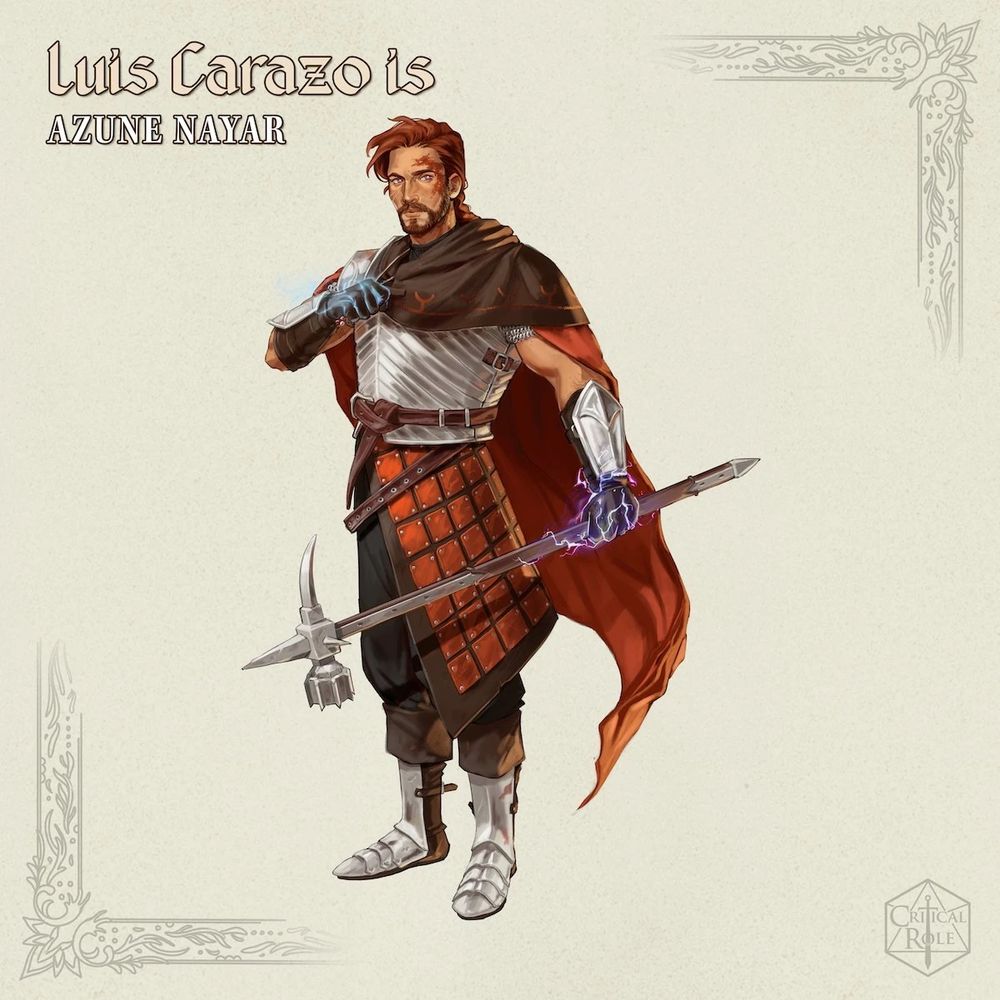 Luis Carazo is Azune Nayar

A redhead human looking warrior wearing plate armor and holding a warpick qnd a cape