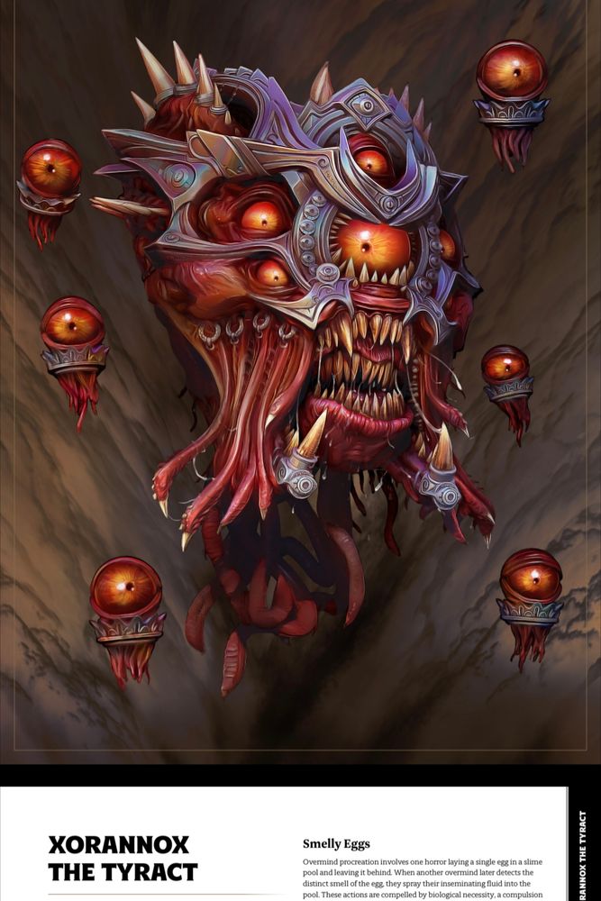 Xorannox the tyract is a floating tentacled eye monster wearing a mask