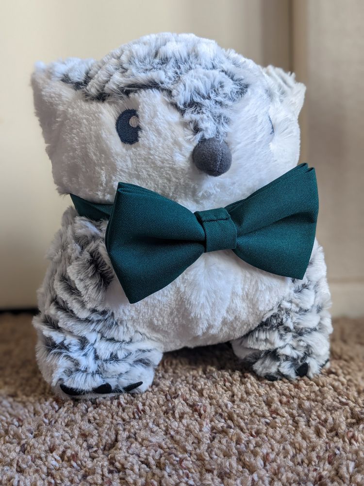 Owlbearto. A baby snowy Owlbear plushie wearing a green bow tie