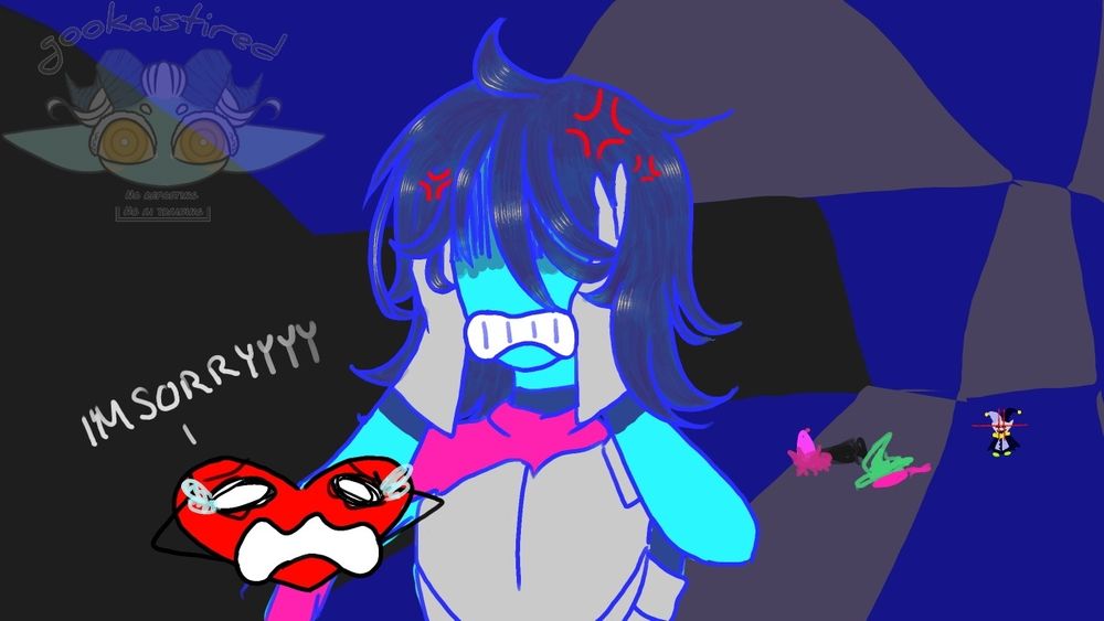 Kris and the op(original poster) as their pathetic soul getting their ass beat by jevil for the 100th time 
Susie and Ralsei down in the background (rip) and jevil nearby 