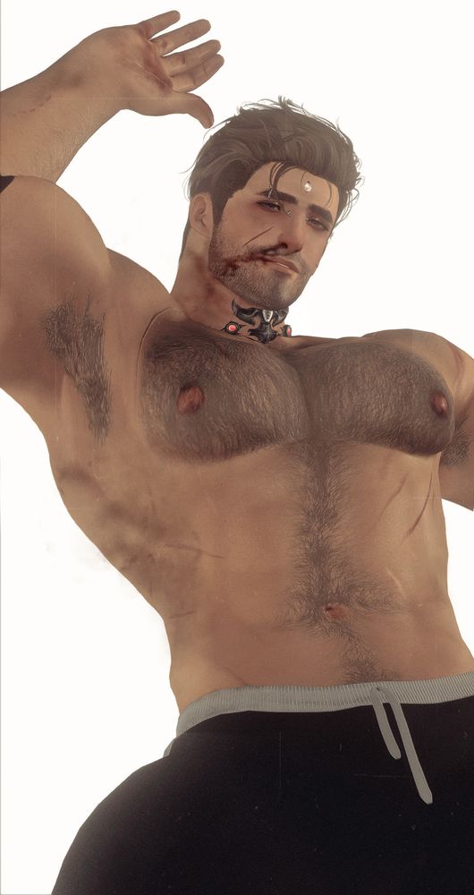 A GPOSE depicting Adam dus Decimus seemingly laying down in the void, taken in a verticle angle. He is visibly bruised and bloodied, while slightly smiling; having the implications that he enjoys pain.