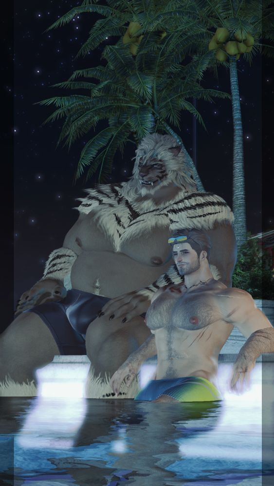 A picture of both Ladicis (OC) and Adam (OC) chilling in the pool together. Ladicis is visibly verbally talking about something while Adam nods as he listens. (not shown in the picture). They are both wearing appropriate swimwear attire.