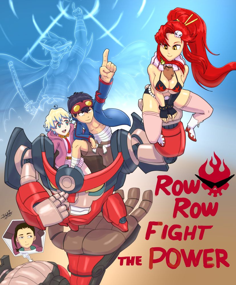 Yoko sitting on Lagann's hand as Simon points to the sky looking determined. Nia clings to him happily as Rossiu looks relieved. In the background the spirit of Kamina reaches high"Your drill is the drill that will pierce the heavens!"