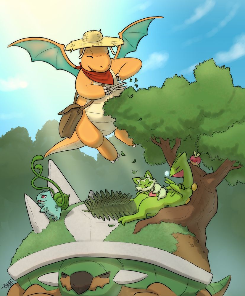 A Dragonite landscaper in a sunhat trimming a Torterra's bonsai while a sceptile and sprigatito lounge under. Bulbasuar reaches out absorbing the sun.