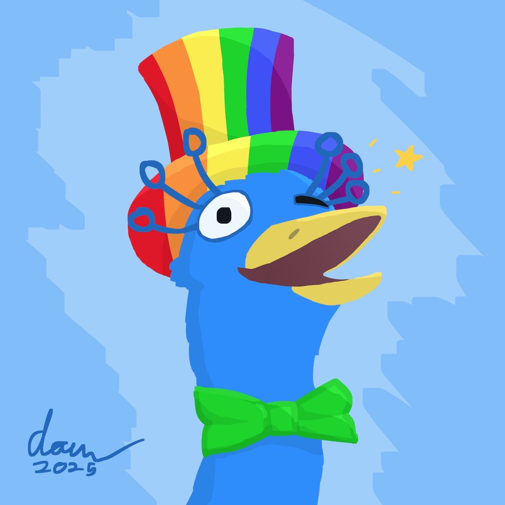 A digital drawing of an ostrich wearing a rainbow top hat, and green bow tie, winking at the viewer.