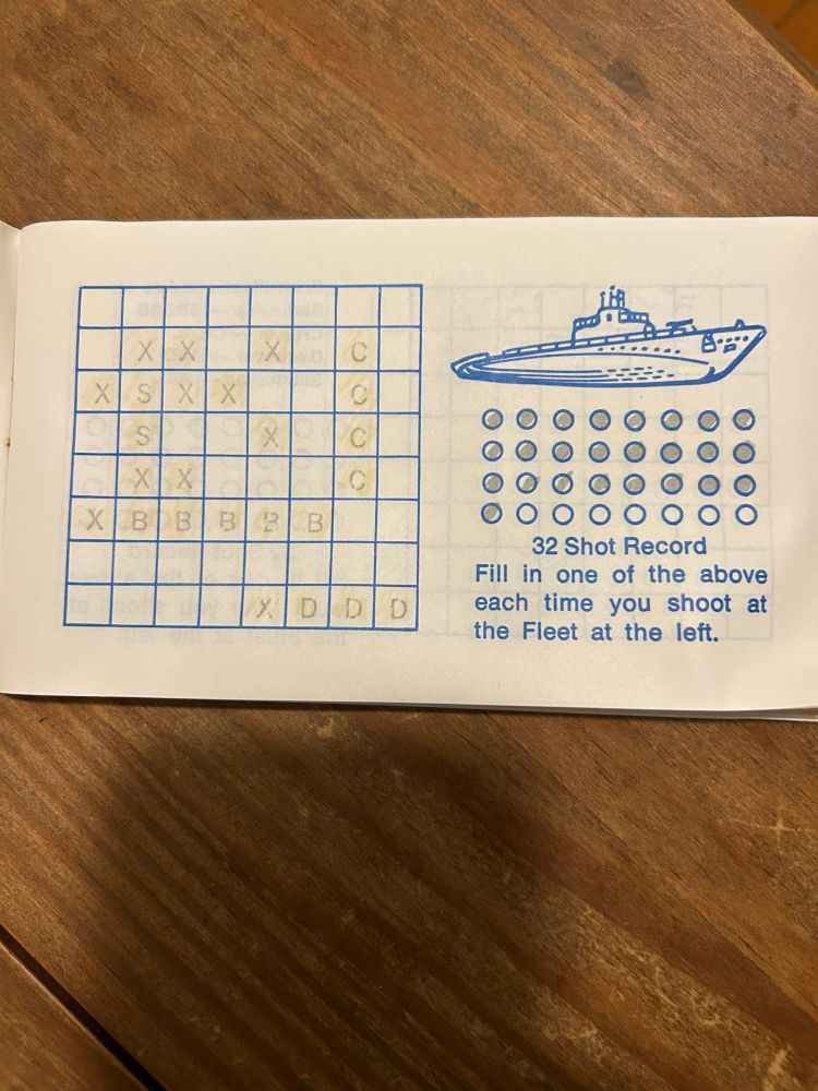 A completed Yes & Know Fleet board with the fleet sunk with just 25 shots