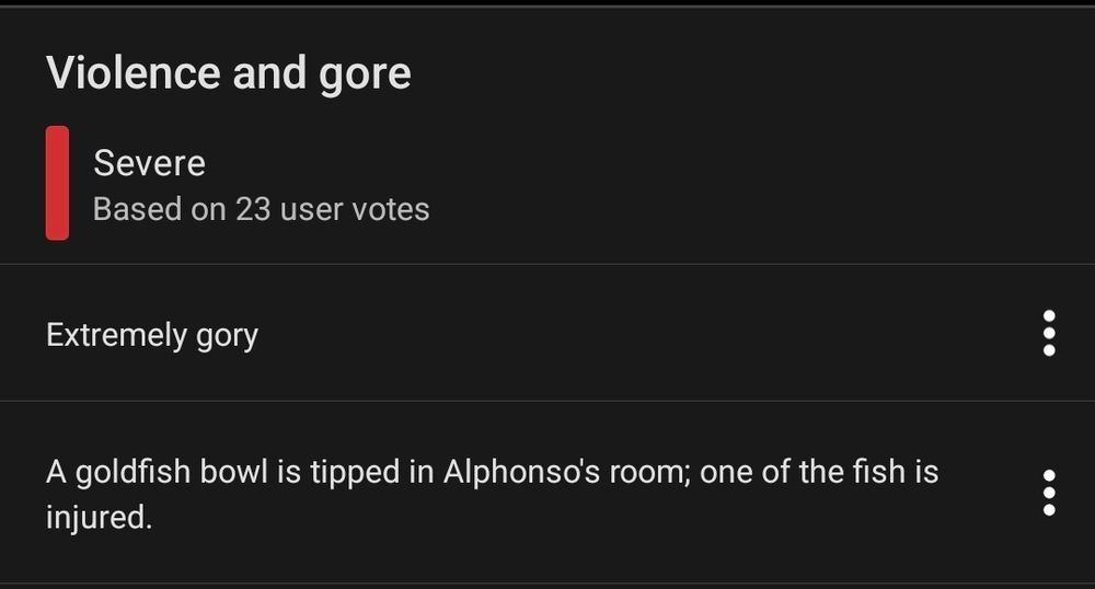 A screenshot taken from an IMDb Violence and Gore section which shows the level of V&G as Severe. The first example states 'Extremely gory' and the following example has 'A goldfish bowl is tipped in Alphonso's room; one of the fish is injured'.