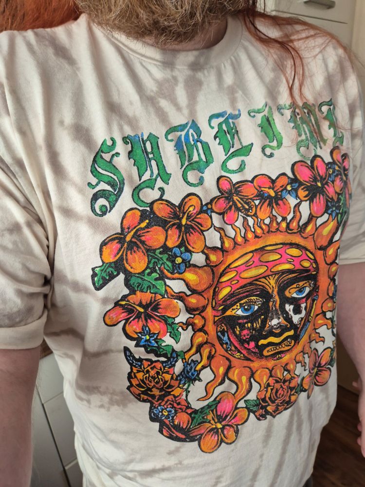 Me, wearing a t-shirt showing the logo of the American ska/punk/reggae band Sublime. You can see my ever-greying beard and wisps of my hair.