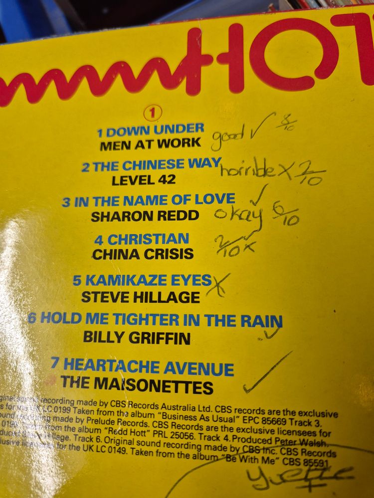 The back cover of a vinyl record showing handwritten comments and scores. Men At Work get a 'good' and 8 out of 10. Level 42 and China Crisis both score 2 out of 10, with Level 42 getting an additional 'horrible'.