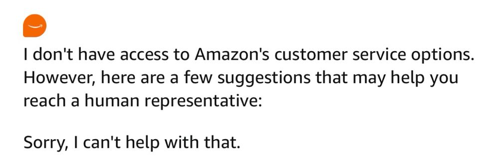 An Amazon AI chat bot screenshot showing the following text: “I don’t have access to Amazon’s customer service options. However, here are a few suggestions that may help you reach a human representative: Sorry, I can’t help with that.”