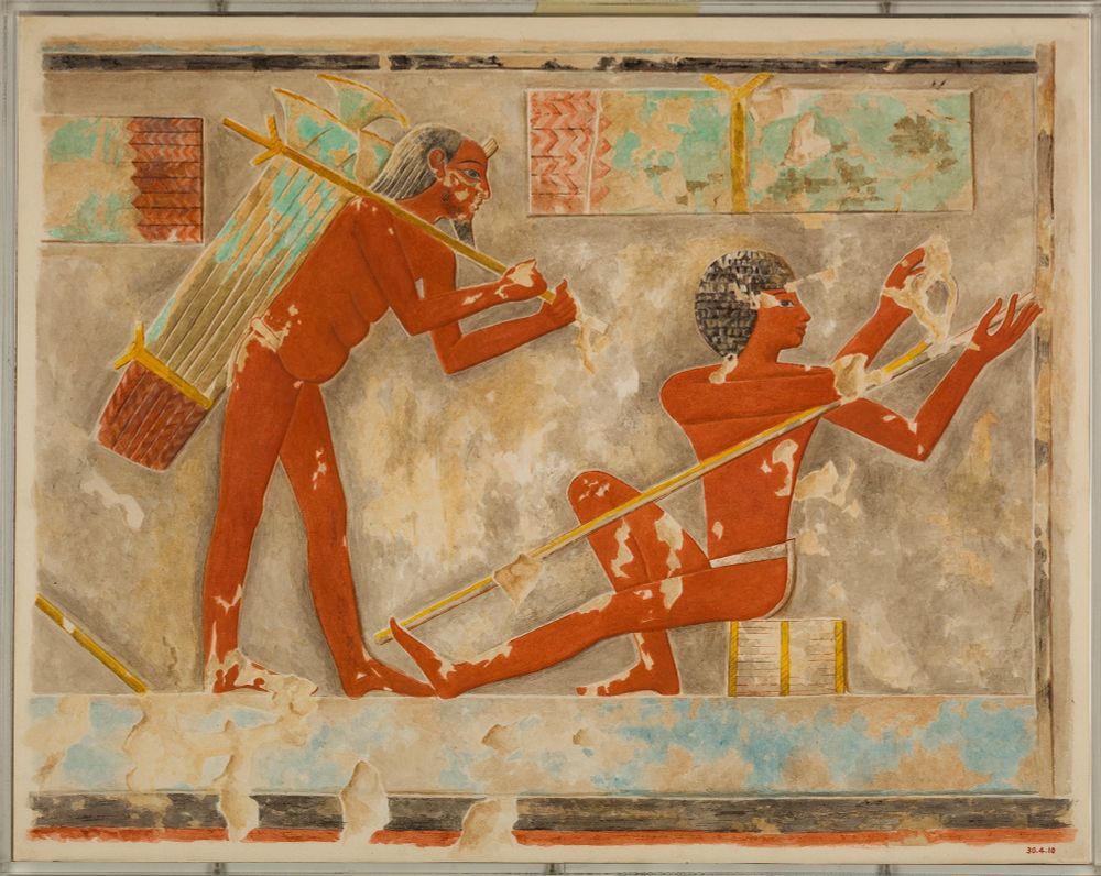 "men splitting papyrus" 
from the tomb of Puyemré circa 1475-1425 BCE