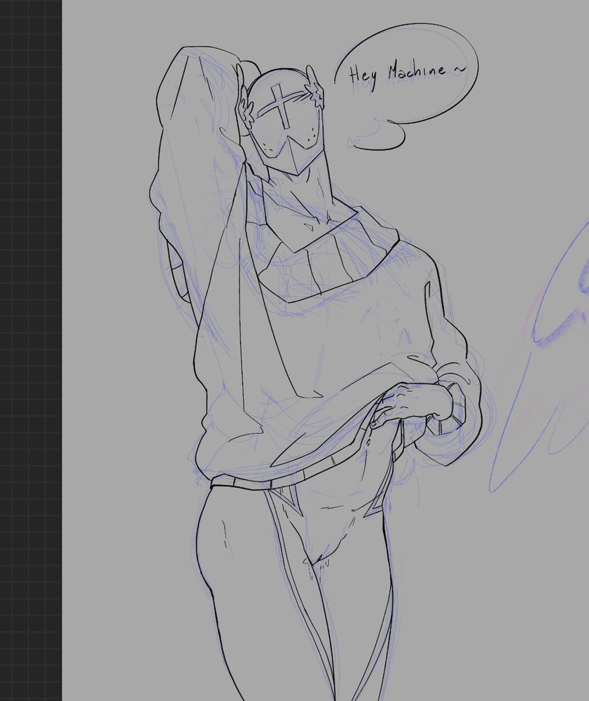 Another explicit sketch of Gabriel in the same sweatshirt. This time he's standing up with an arm raised behind his head and the other hand lifting the hem of his shirt, fully showing that he has no underwear on. His head is tilted back and to the side, with blush lines under his cross suggesting a playful expression. His speech bubble reads "Hey Machine~".