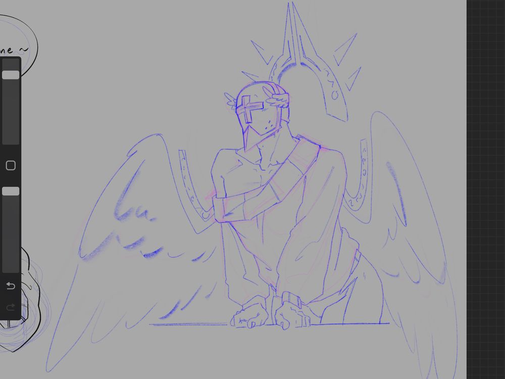 Explicit sketch of Gabriel from Ultrakill, wearing nothing but an one-shoulder knit sweater, and posed leaning forward with his back arching slightly and his hands resting on a flat surface. His holographic wings and halo are visible, and he has a few styilized blush lines on his helmet.