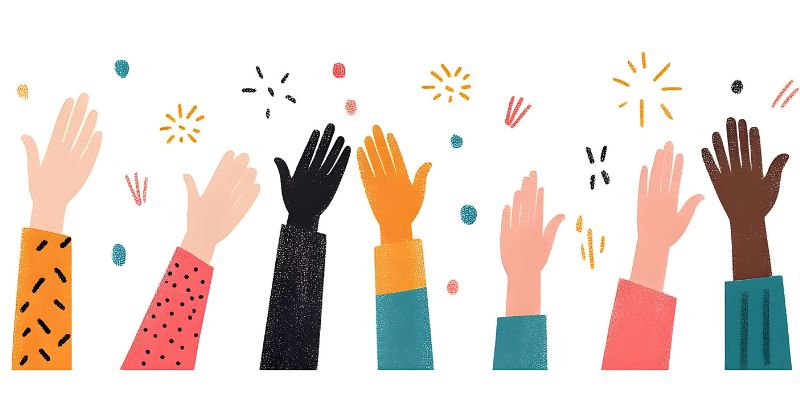 Graphic of diverse hands raised in celebration by oksanavectorart