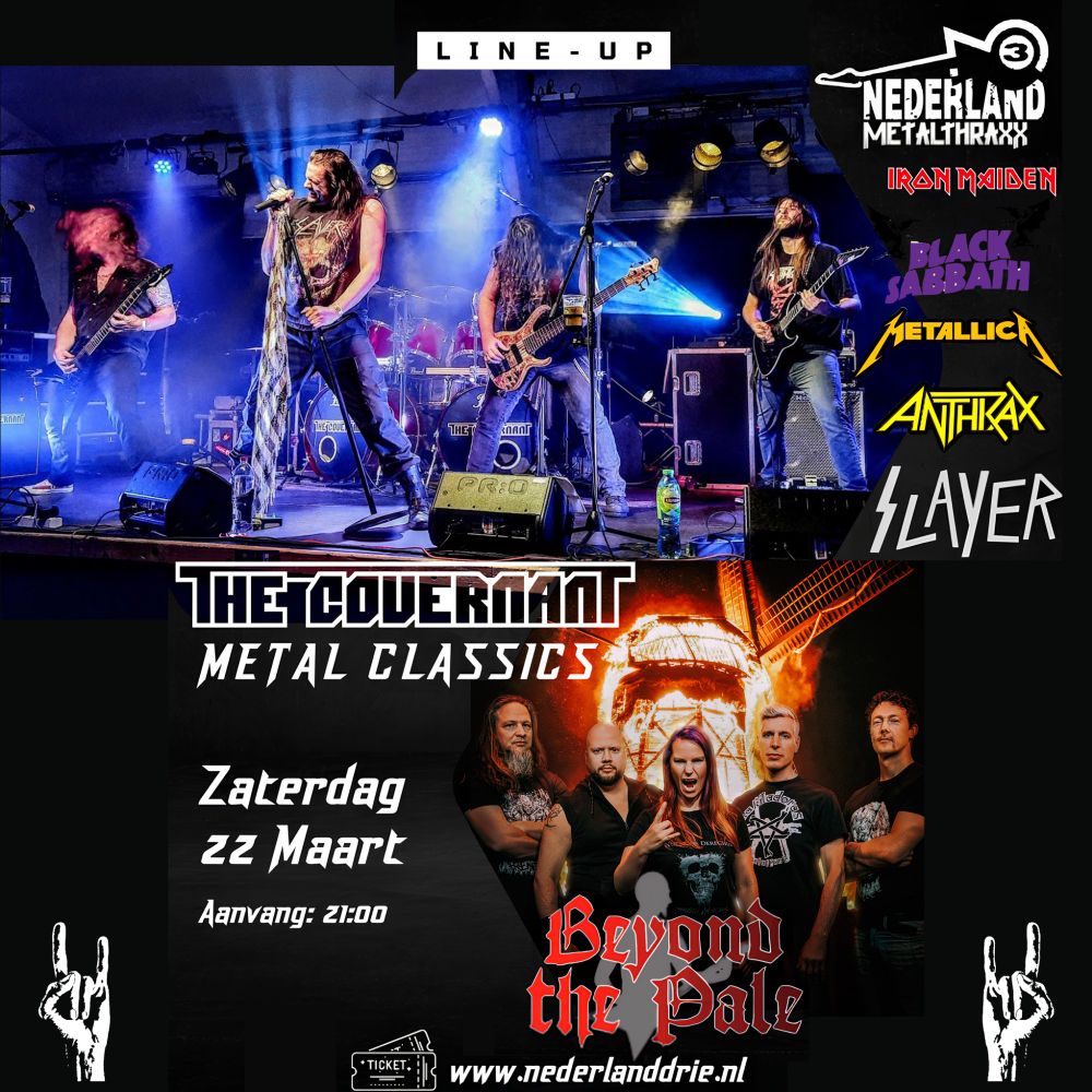 Flyer voor MetalThraxx in WPC Nederland 3 in Wateringen op zaterdag 22 maart met Beyond The Pale en The Covernant!