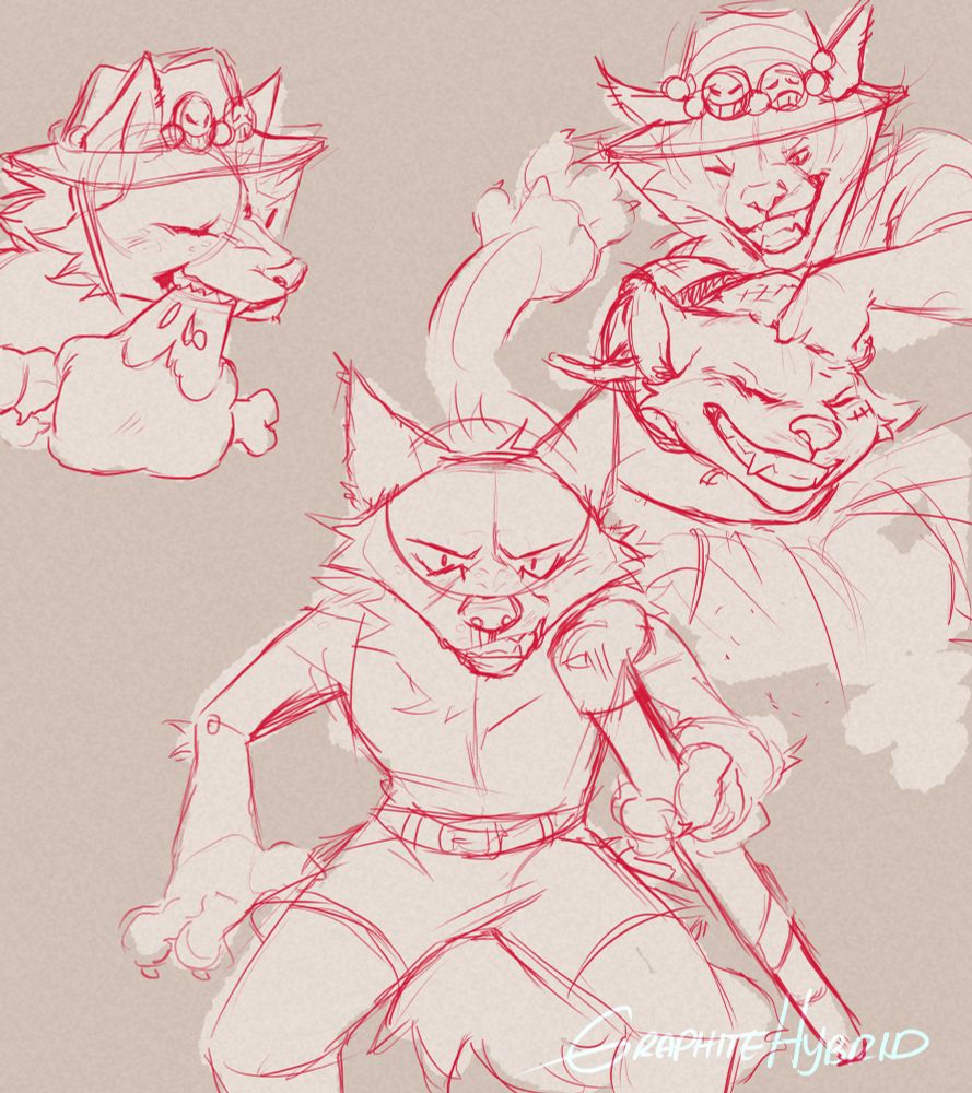 Three rough sketches of Ace as a maned wolf. In one he is taking a chunk out of a hunk of meat. In another a young ace snarls facing forward while grasping a metal pipe. The last has Ace giving Luffy (a striped Hyena) a noogie, both grinning widely 
