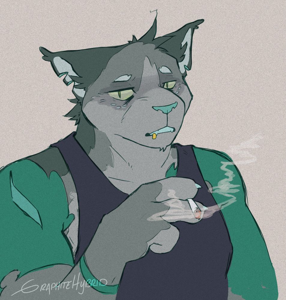 A Lynx + Coyote fursona in shades of teal-grey wearing a dark navy tanktop. They have grey-teal tattoos on their upper arms, and are holding a cigarette 