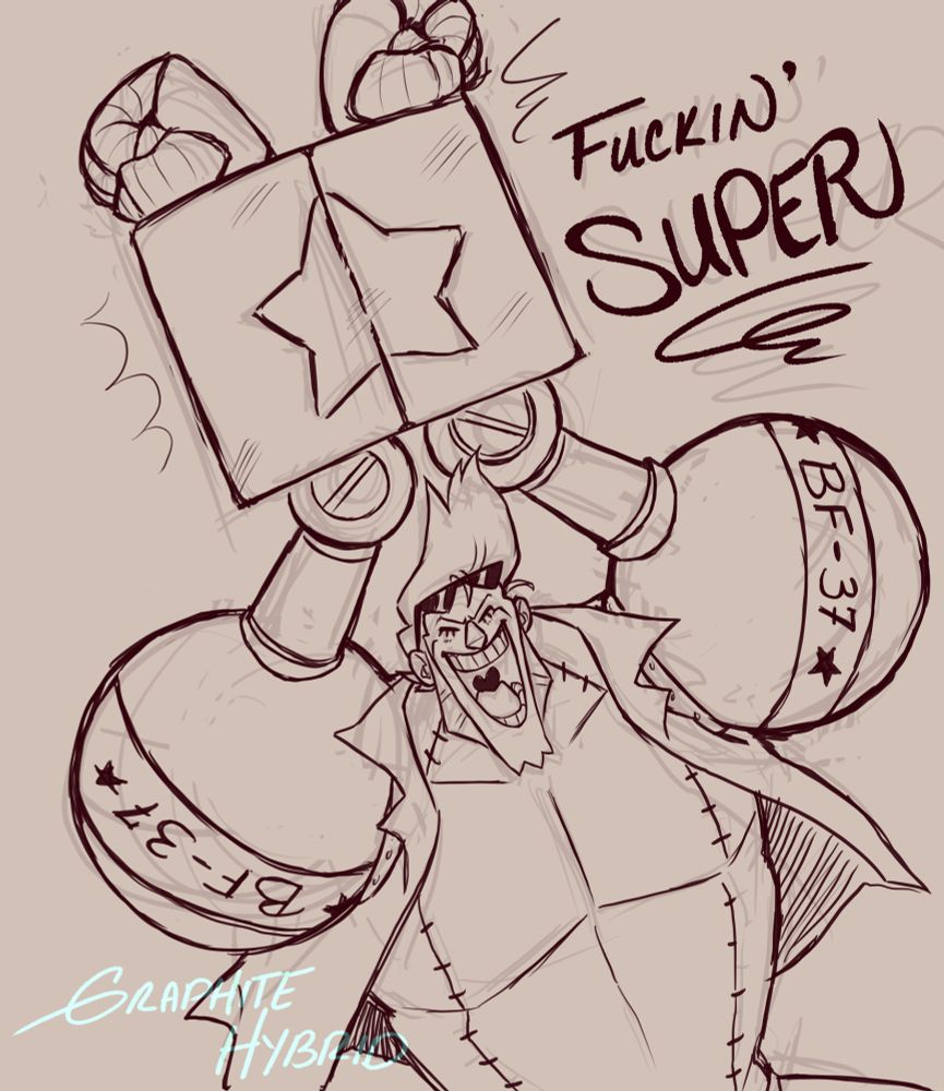 A digital drawing of Cyborg Franky with his arms extended above his head forming his classic pose that shows off the stars on his forearms, he appears overjoyed and exclaims 'FUCKIN SUPER' 