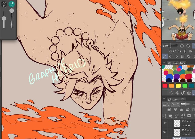 a screenshot of a work in progress drawing of portgas d ace from one piece. the only colors are a very pale white-ish peach, and the orange of ace's flames