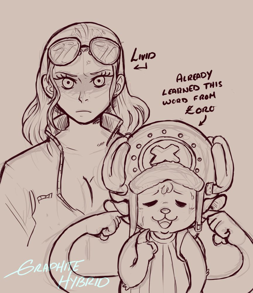 A digital drawing of Nico Robin and Tony Tony Chopper. Robin is standing slightly behind Chopper, using her devil fruit powers to put fingers in Choppers ears, she appears pissed off. Chopper is exasperated with eyes closed bringing a small hoof up to his chin. 
The word 'Livid' is written and pointing to Robin. 
While 'Already learned this word from Zoro' is written above Chopper and is pointing to him. 