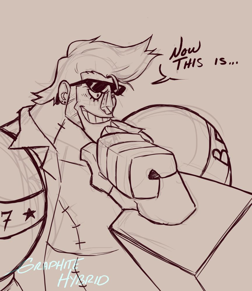Digital drawing of Cyborg Franky with his left hand to his chin as if he was just thinking, the speech bubble to his right reads 'Now this is...' 