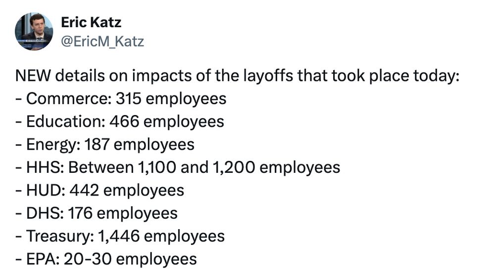 NEW details on impacts of the layoffs that took place today: 
- Commerce: 315 employees
- Education: 466 employees
- Energy: 187 employees
- HHS: Between 1,100 and 1,200 employees
- HUD: 442 employees
- DHS: 176 employees
- Treasury: 1,446 employees
- EPA: 20-30 employees