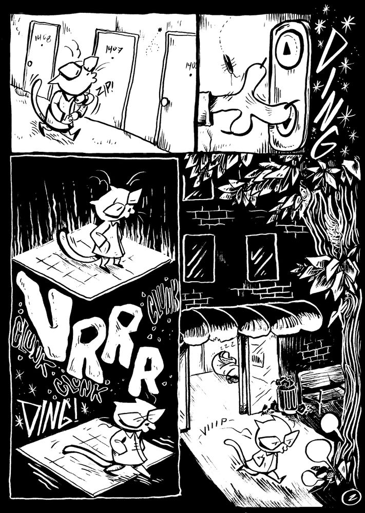 Page two, Cat takes the elevator down and exits her building, following more sounds. 
